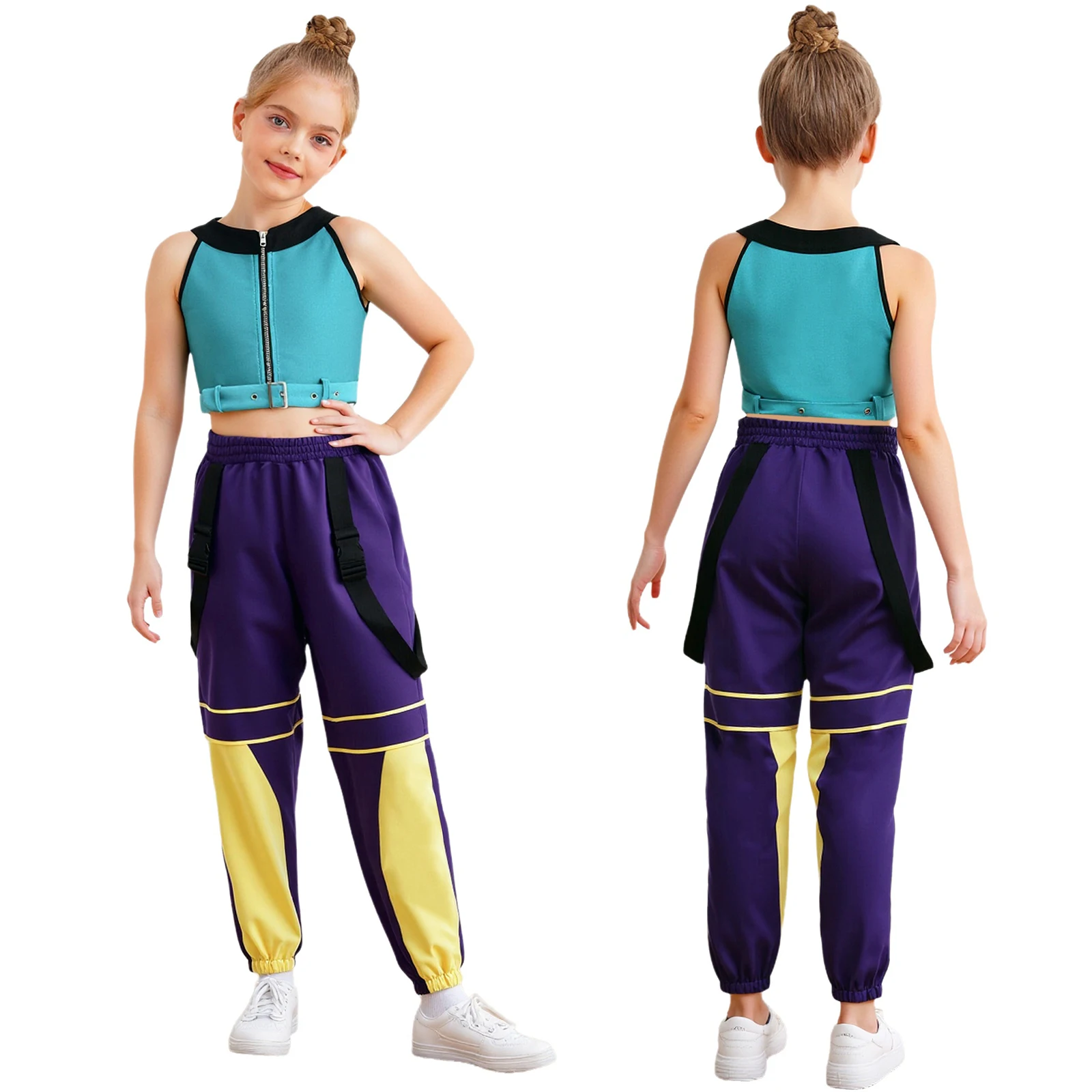 

Girls Demon Hunters Pop-singer Cosplay Costume Crop Top with Pants Waist Belt Jazz Street Dance Outfit for Halloween Carnival