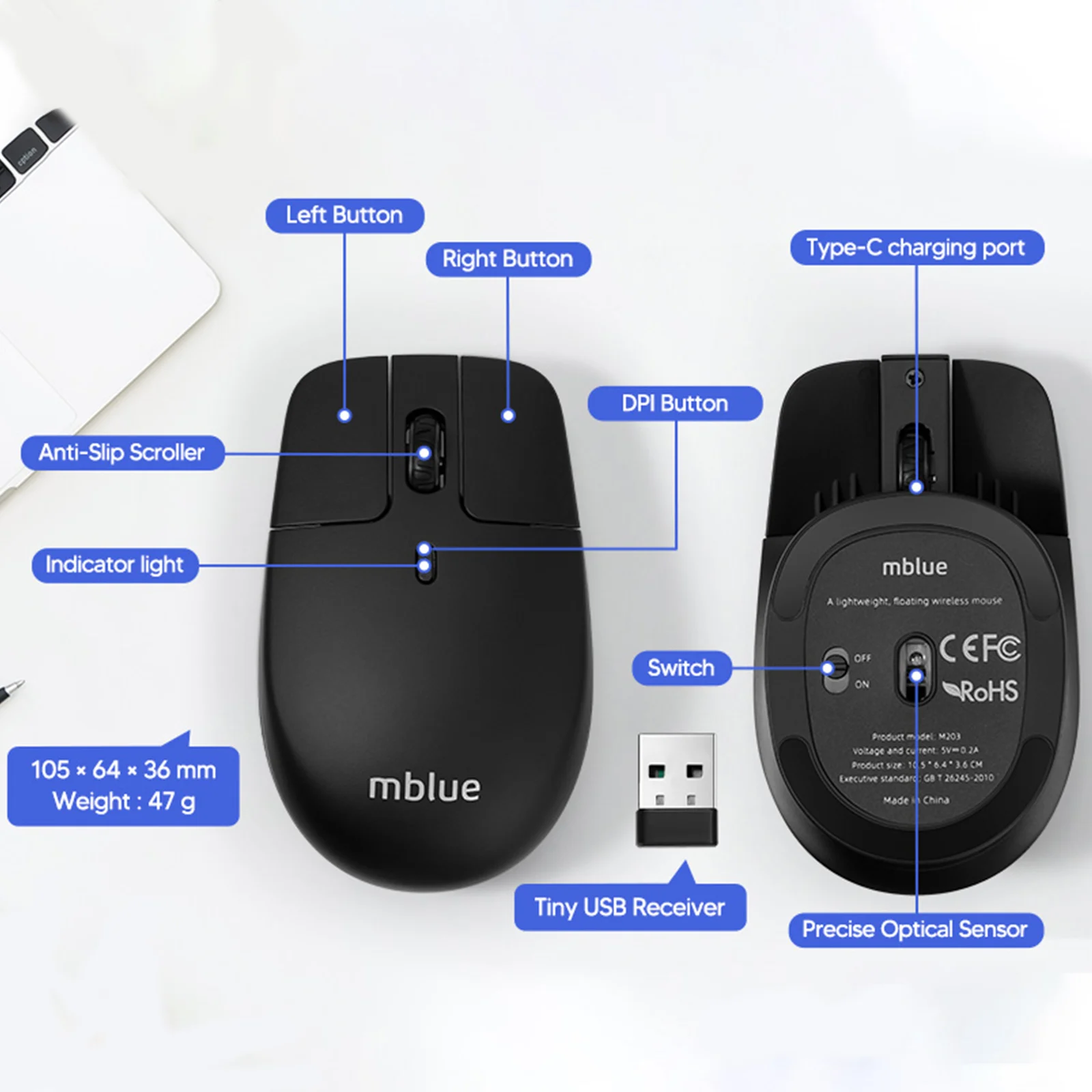 Original Meizu MBlue Hanging Mouse M203 Lightweight Wireless Mouse Single 2.4G 4 Programmable Buttons 1600DPI Sensor