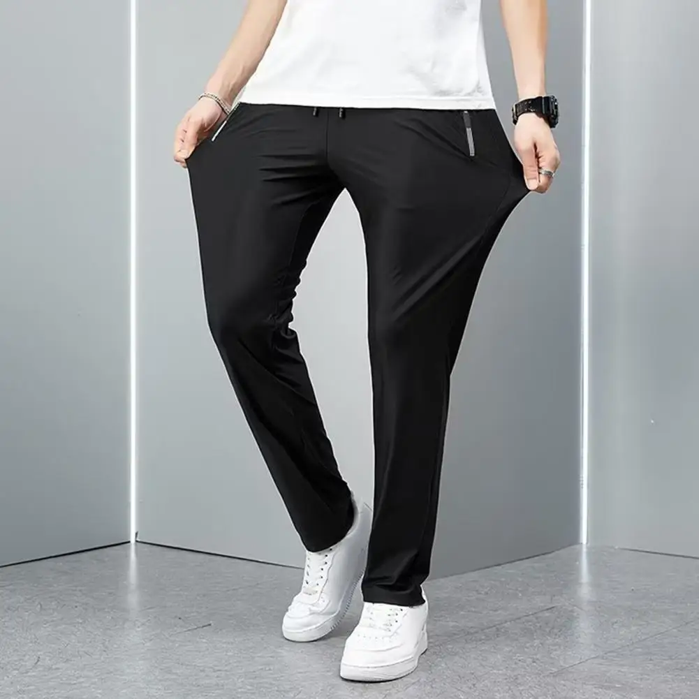 Secure Pocket Ninth Pants Men's Loose Straight Drawstring Pants with Elastic Waist Pockets Breathable Ankle Length for Daily