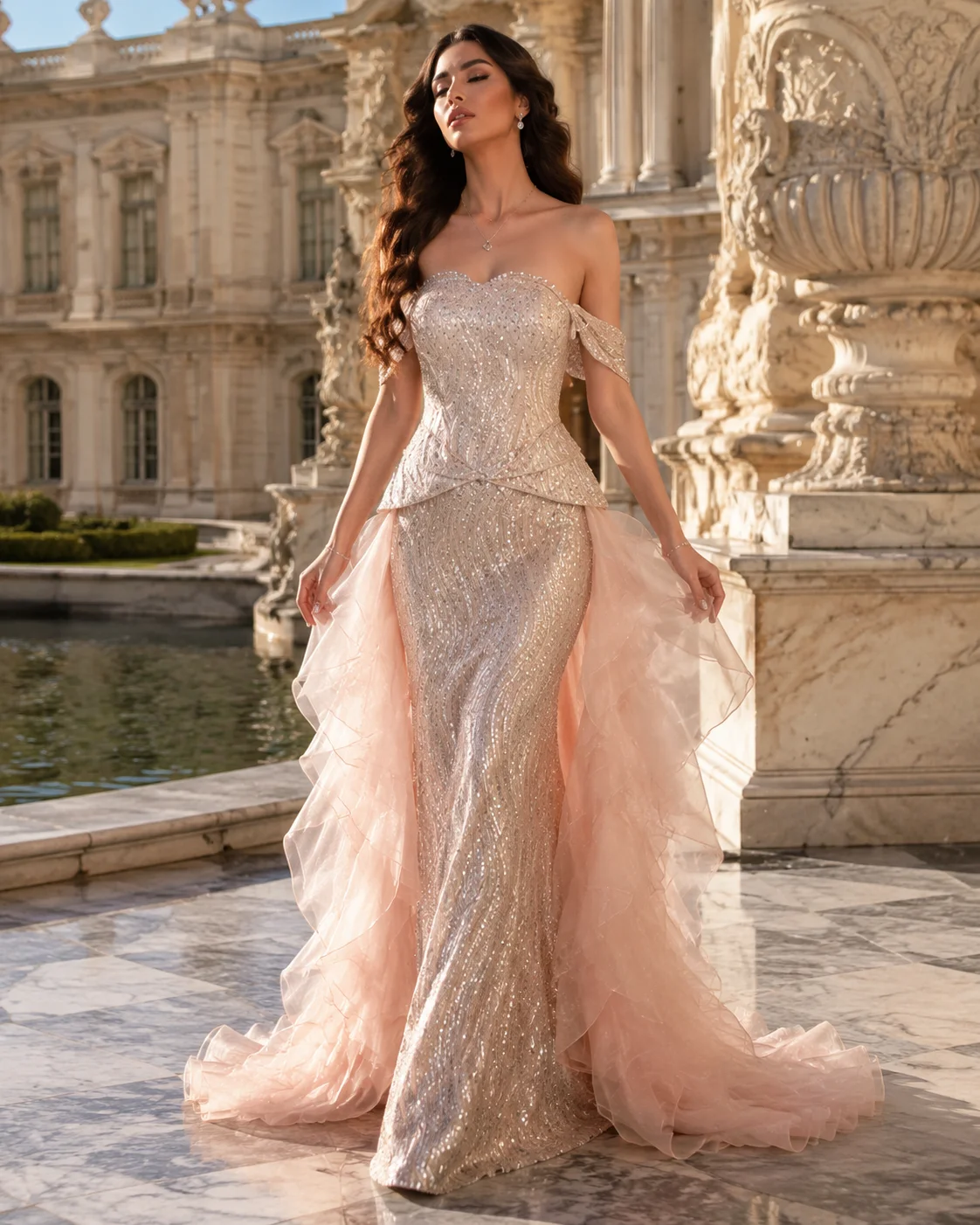 LumiGown Viral Custom Blush Pink Off  Pink Lace Up Back Peplum Wavy Sequins Ruffled Organza Party Evening Gown