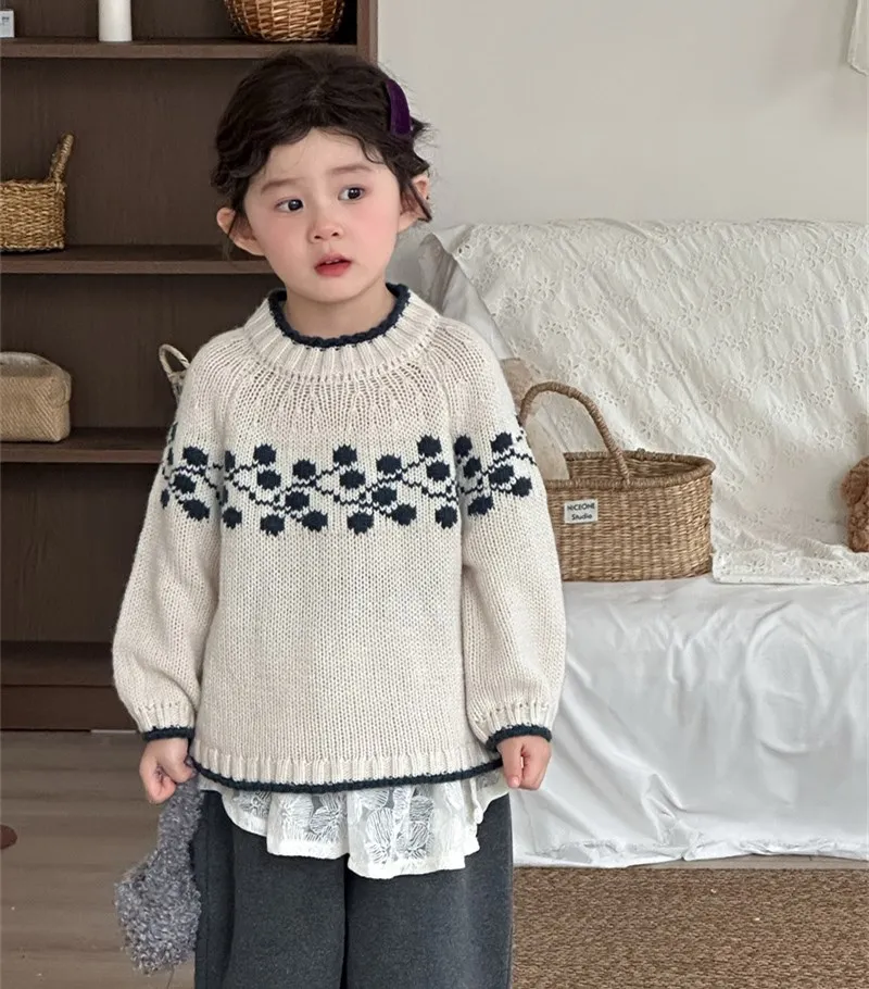 

детские свитера Вязаный свитер для девочек Пуловер с длинными рукавами и круглым вырезом с цветными блоками