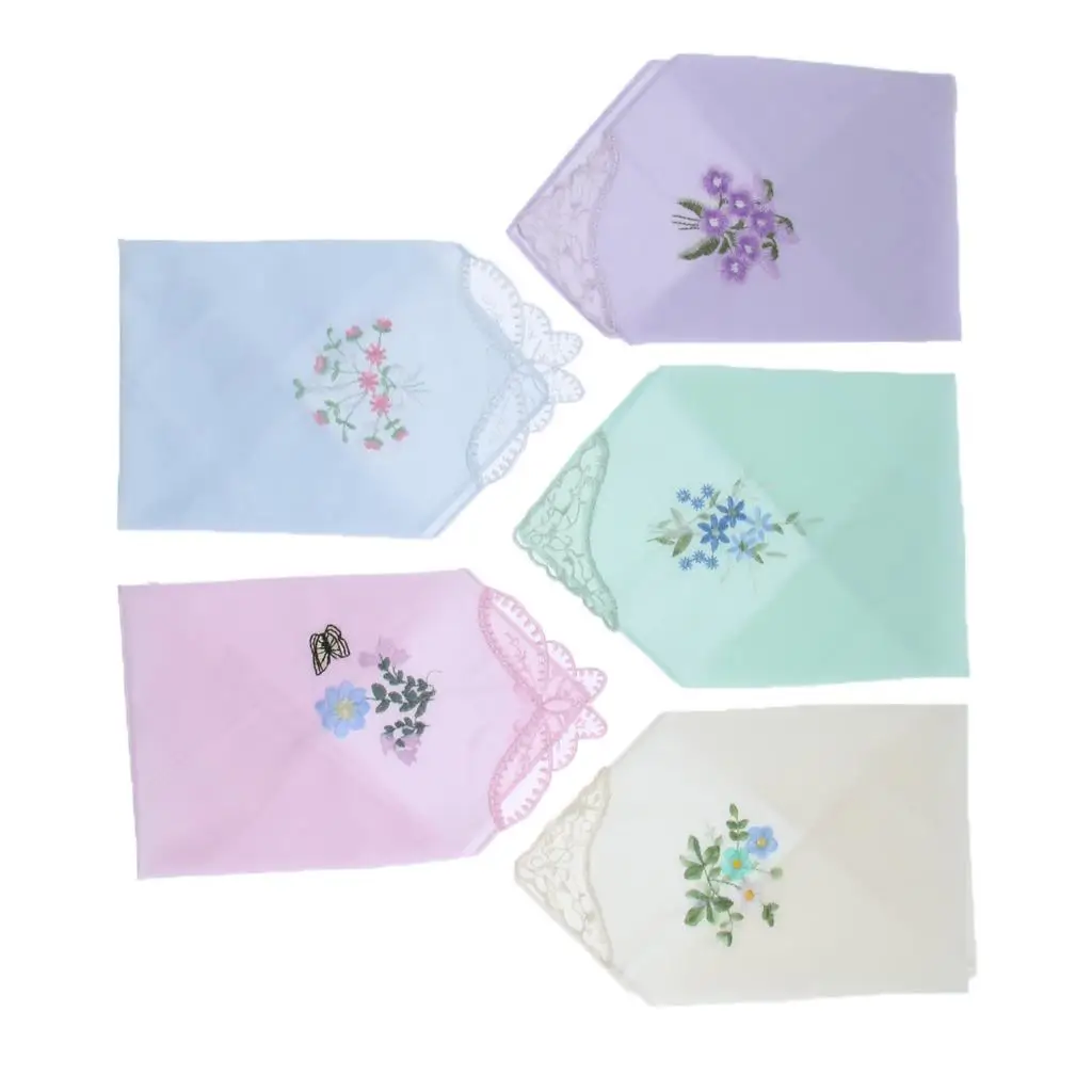 ใหม่สตรีสุภาพสตรีปักลูกไม้ HANKIES HANKERCHIEFS แพ็ค 5 ของขวัญ