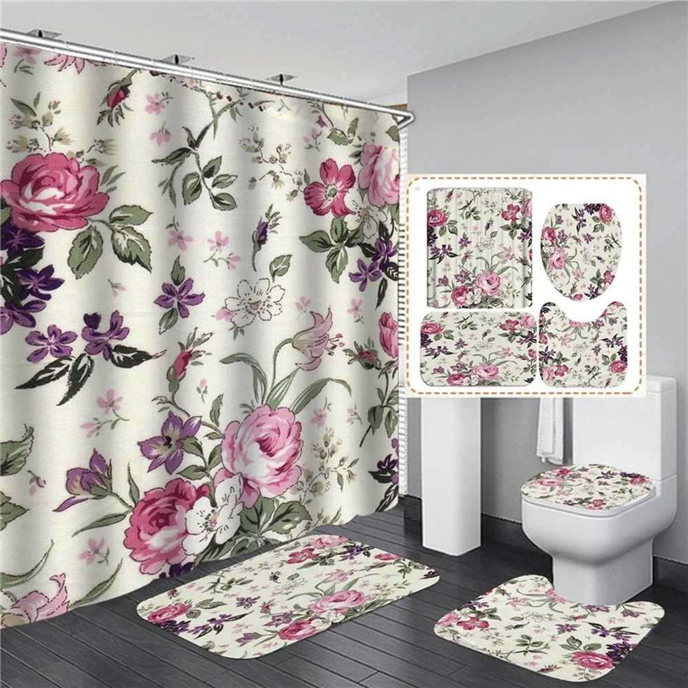 Pink Flowers Rose Elegant Printed Shower Curtain Set Waterproof Women Bathing Bathroom Pedestal Rug Lid Carpet cortina ducha