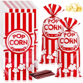 赤い縞模様のプラスチック製ポップコーンバッグ,イスラム教徒のカーニバルパーティー用のツイストストリップ,100パック