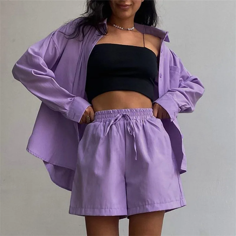 Women Tracksuits Long Sleeve Shirt With Mini Shorts Cotton Stretch Waist Two Pieces Sets Ladies Outfits Blouses Fashion Clothes