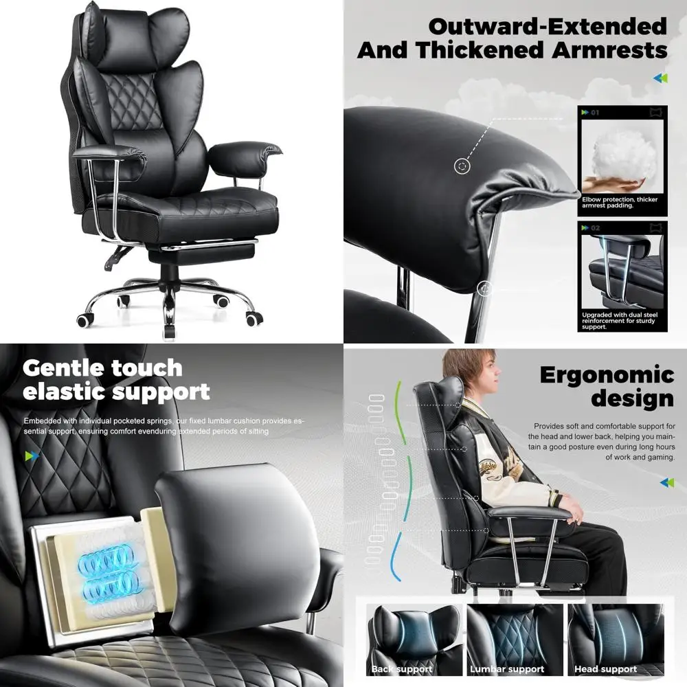 

Ergonomic High Back Leather Gaming Chair with Footrest for Big and Tall, Executive Office Chair with Pocket Support