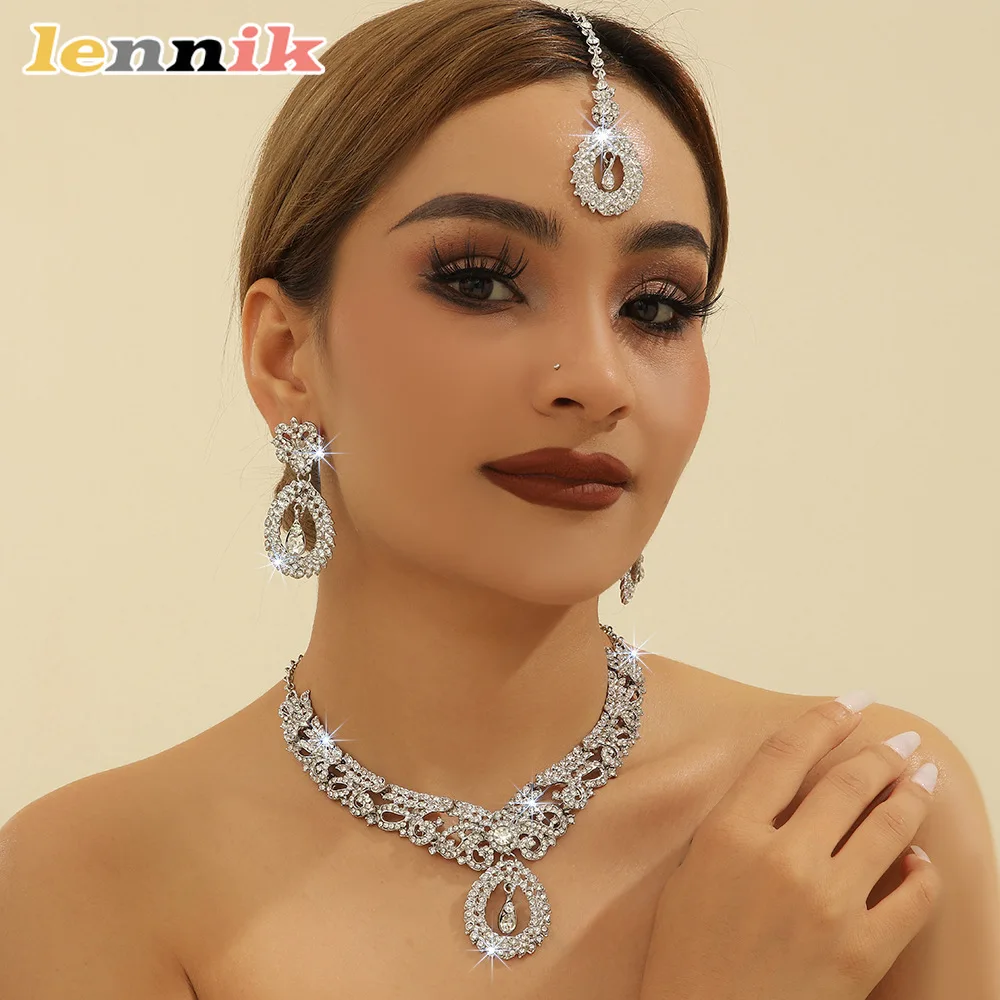 Sparkling Gorgeous LENNIK Set, White Rhinestone Gold Indian Bridal, Necklace Earrings Forehead Chain, Party/Holiday Highlight,
