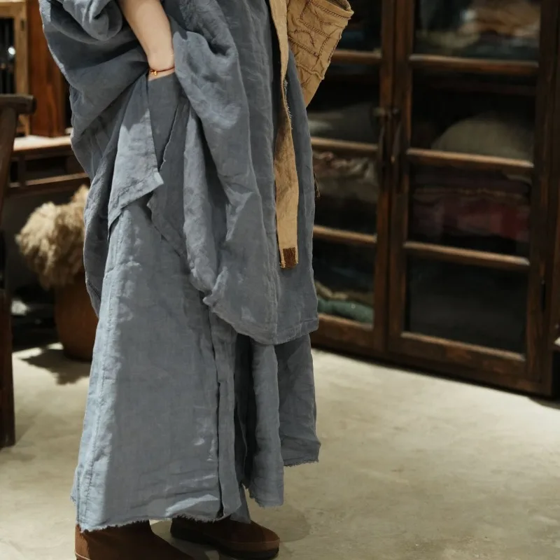 Women Artist Vintage Style Linen A-Line Long Maxi Skirts 2026 Autumn Fall New Original Elastic Waist Female Loose Pleated Skirts