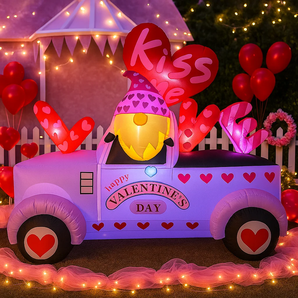 6FT Valentines Day Inflatable Pink Car Decoration Heart Pattern Kiss Me Balloon Romantic Love Themed Yard Garden Party Decor