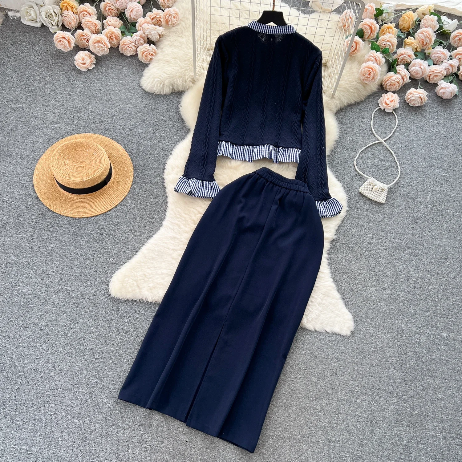 Chic Women Two-Piece Sets Vintage Single Breasted Butterfly Ear Fungus Edge Spliced Top High Waist Skirt High Street Clothing