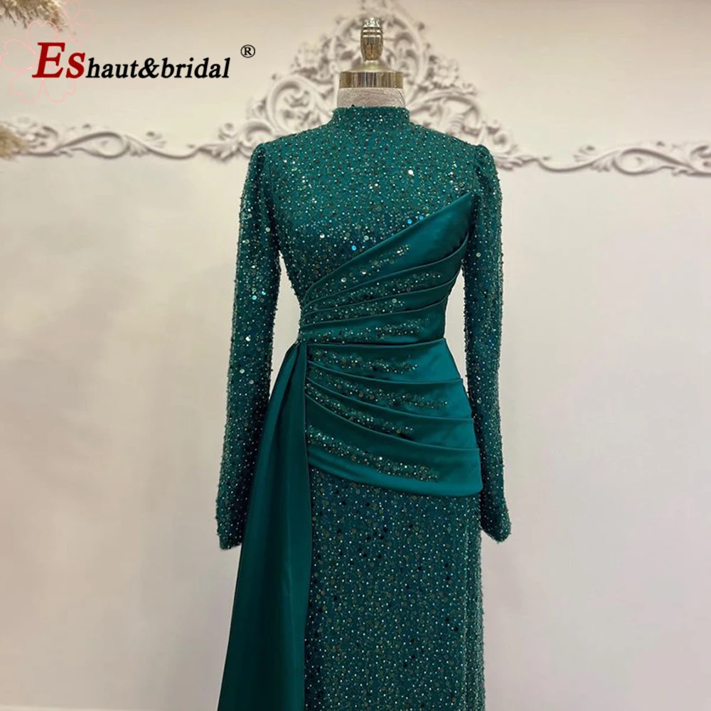 Elegant Dubai Muslim Evening Night Dress for Women 2023 High Neck Long Sleeves Ruffles Beads Formal Prom Wedding Party Gowns