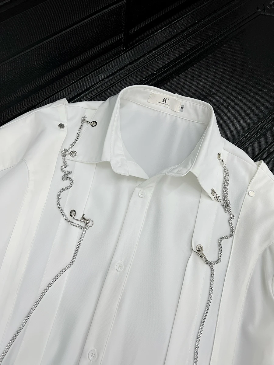 Niche Personality Metal Chain Splicing Shirts Men's 2025 Spring Summer New Loose Comfort Casual Tops Trendy Long-sleeve Shirt