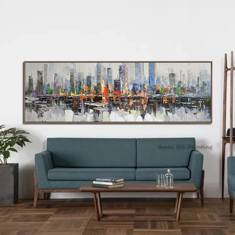 Handpainted City Landscape Oil Painting On Canvas  Modern Abstract Wall For Living Room Home Decor