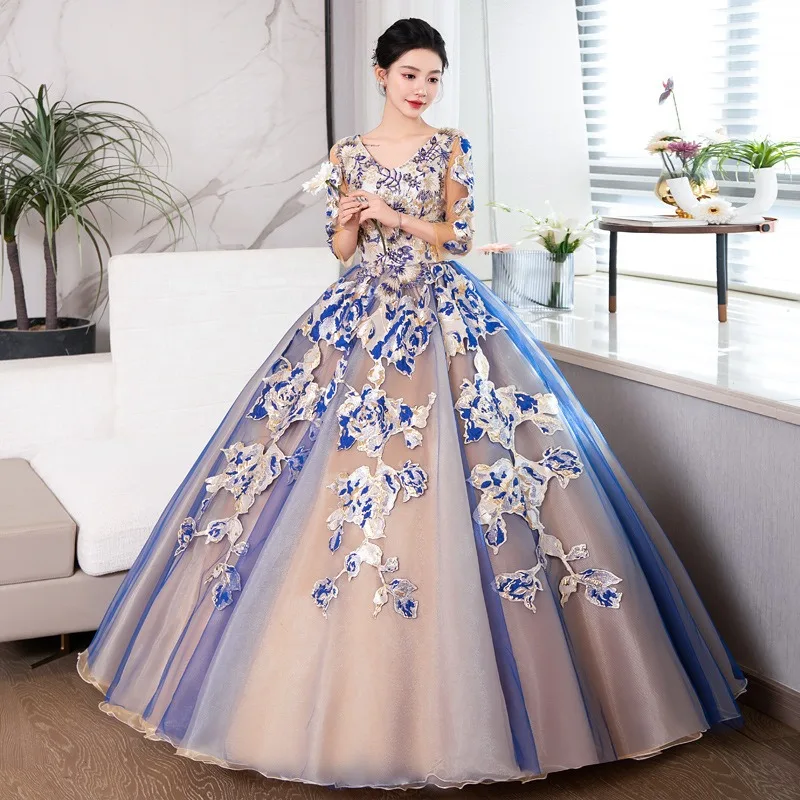 2025 Nuevo vestido de novia bordado colorido para mujer, vestido de noche, puesta en escena con sonido de moda, examen de arte, falda con colgante grande