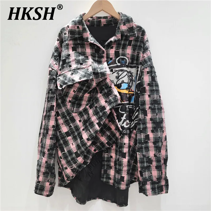

HKSH Spring Summer New Women's Ins Trendy Y2K Streetwear Casual Plaid Patchwork Denim Cartoon Printed Long Sleeved Shirts HK5541
