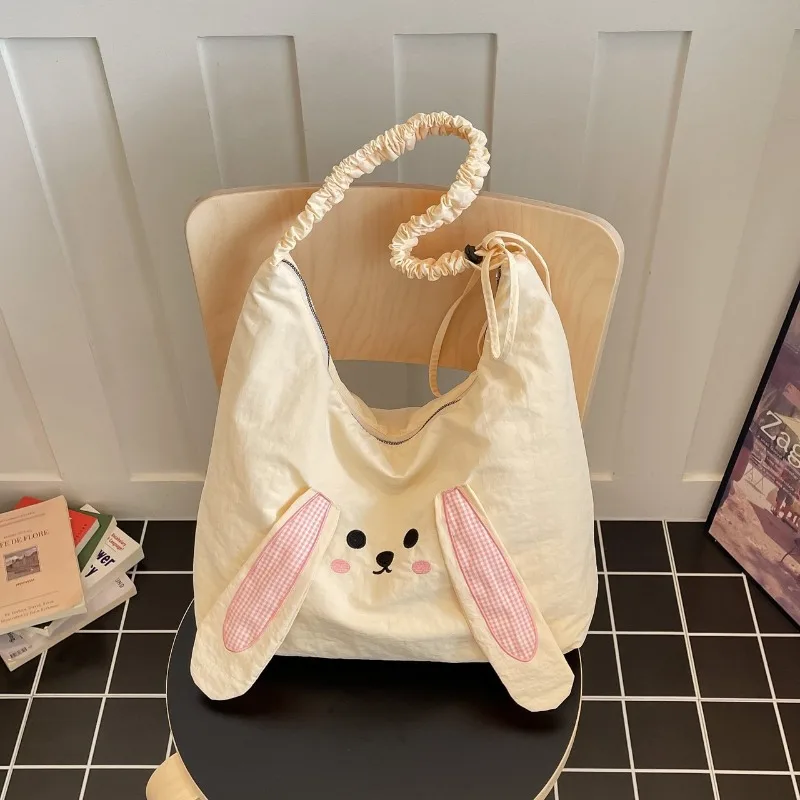

3D Long Ear Rabbit Shoulder Bag Kawaii Bunny Nylon Hobo Tote Bag Women Ruched Strap Large Capacity School Crossbody Handbag