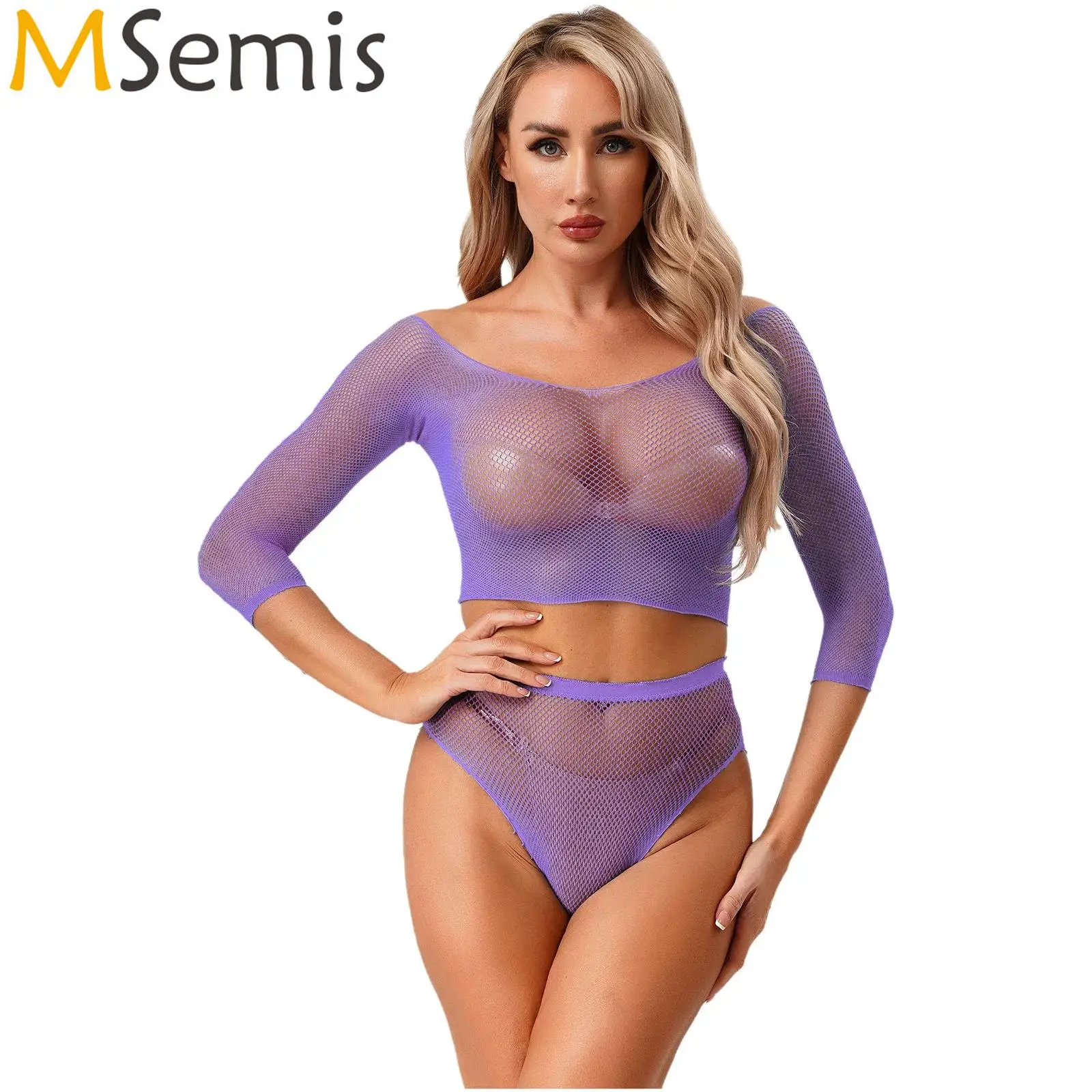 

Womens See Through Fishnet Lingerie Underwear Set Short Sleeve Crop Top And High Waist Briefs 2-piece Set for Club Pole Dancing