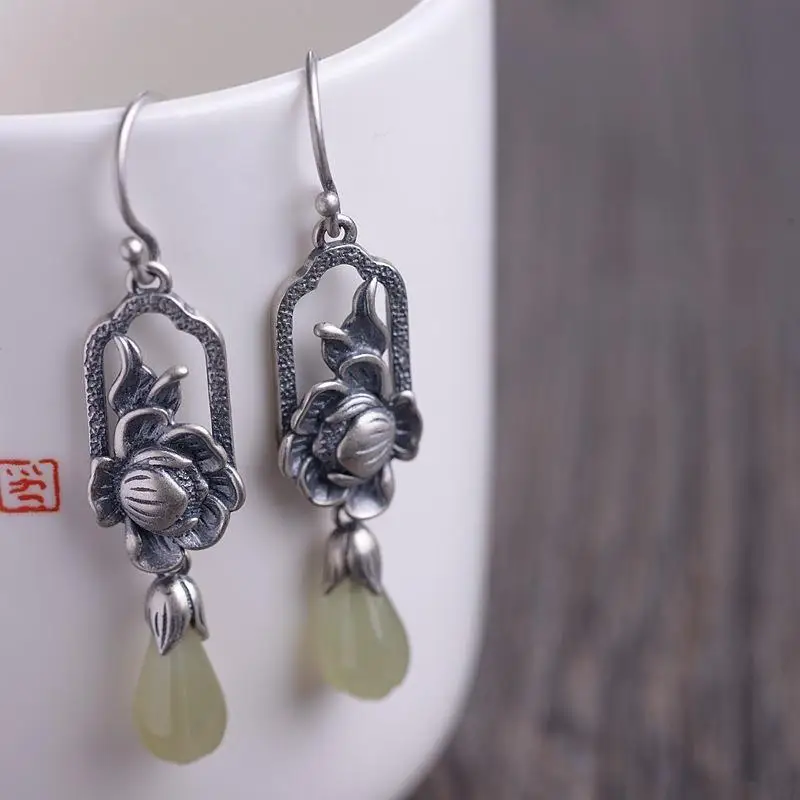 Natural Hetian White Magnolia enamel porcelain Pearl Earrings Chinese Bohemian charm women\'s silver brand jewelry