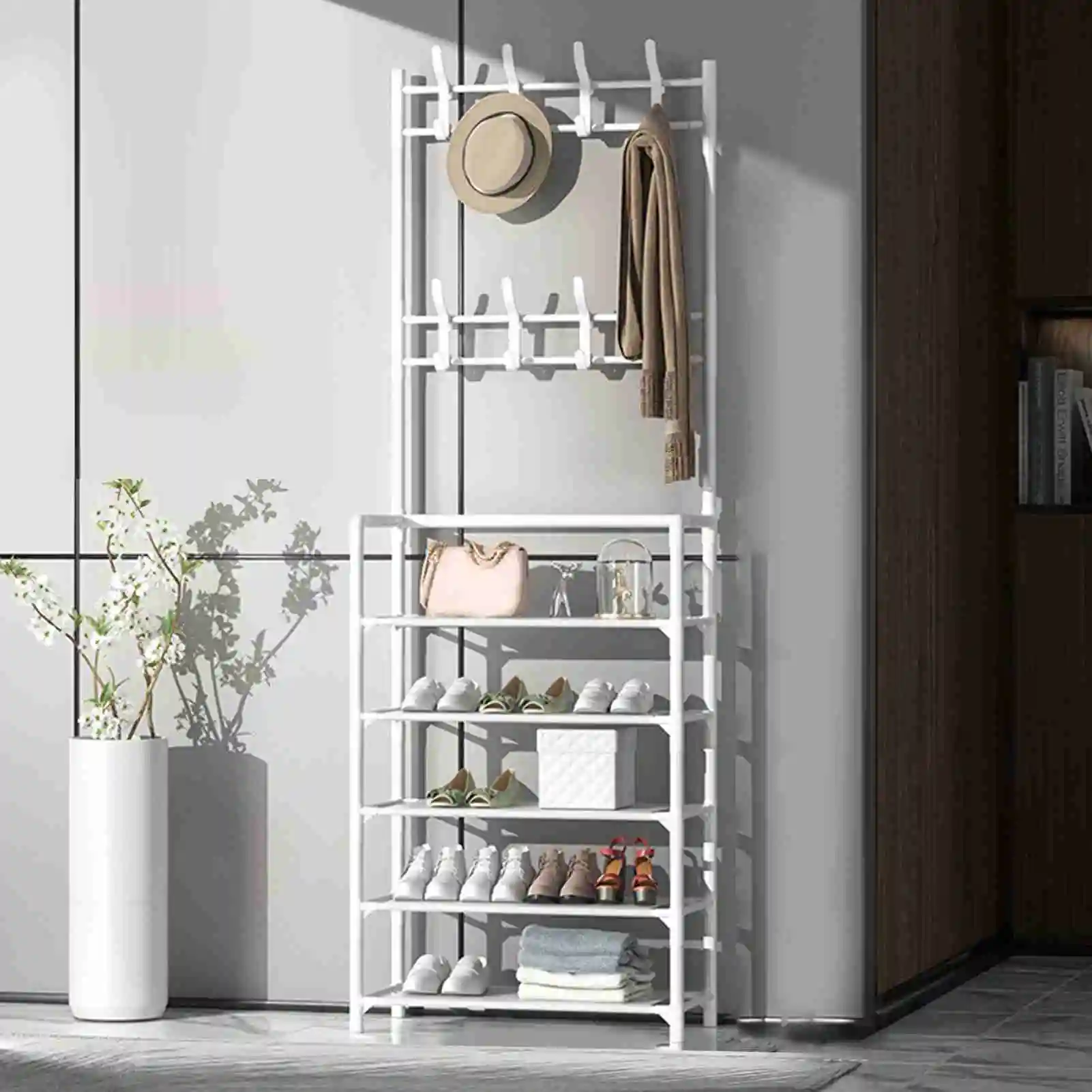 

Подставка для одежды, устойчивый органайзер для хранения одежды, экономия места 2 в 1, металлический отдельно стоящий с крючками для дома