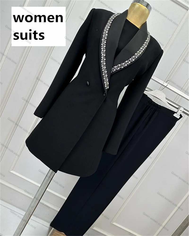 Black Crystals Wedding  Women Pants Suits Set 2 Pcs Blazer Luxury Formal Mother Guest of Prom Dress Tailored Jacket