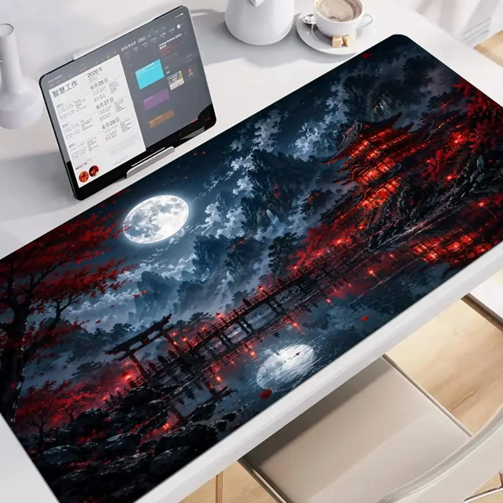 Large XXL Gaming MousePad Desk Mat Keyboard Pad Full Red Moon Torii Gate Ancient Japanese Temple Maple Night NonSlip Rubber Base