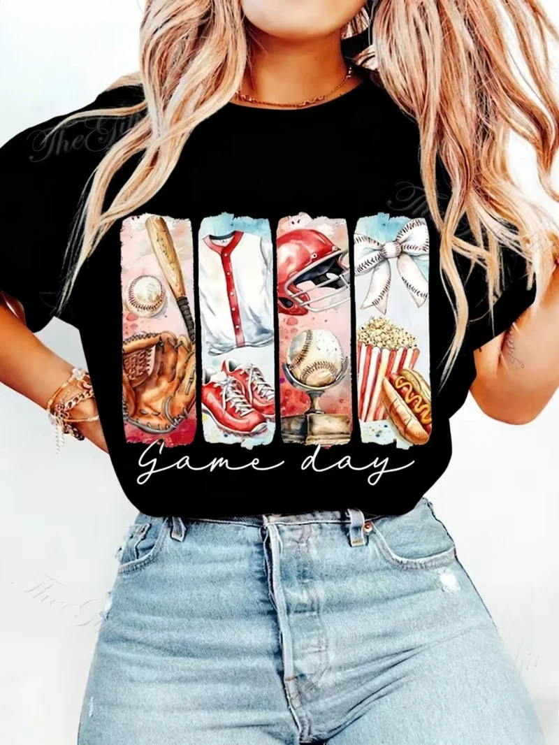 Game Day Baseball Graphic T-Shirt, Watercolor Sports Print Casual Soft Short Sleeve Top Baseball Mom Game Outfit  Streetwear