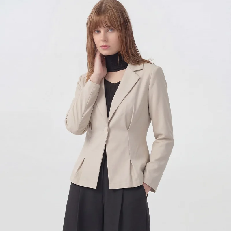 Slim Fit Women's Stand Up Collar Single Button Top Long Sleeved Pleated Casual Slim Fit Solid Color Beige Office Suit Jacket