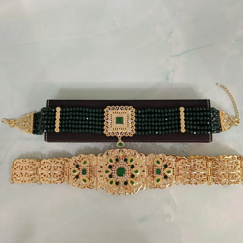 Moroccan Women's Robe Belt Luxury Wedding Jewelry Golden Inlaid Green Stone Bracelet Pendant Earrings Brooch Neck Chain Set