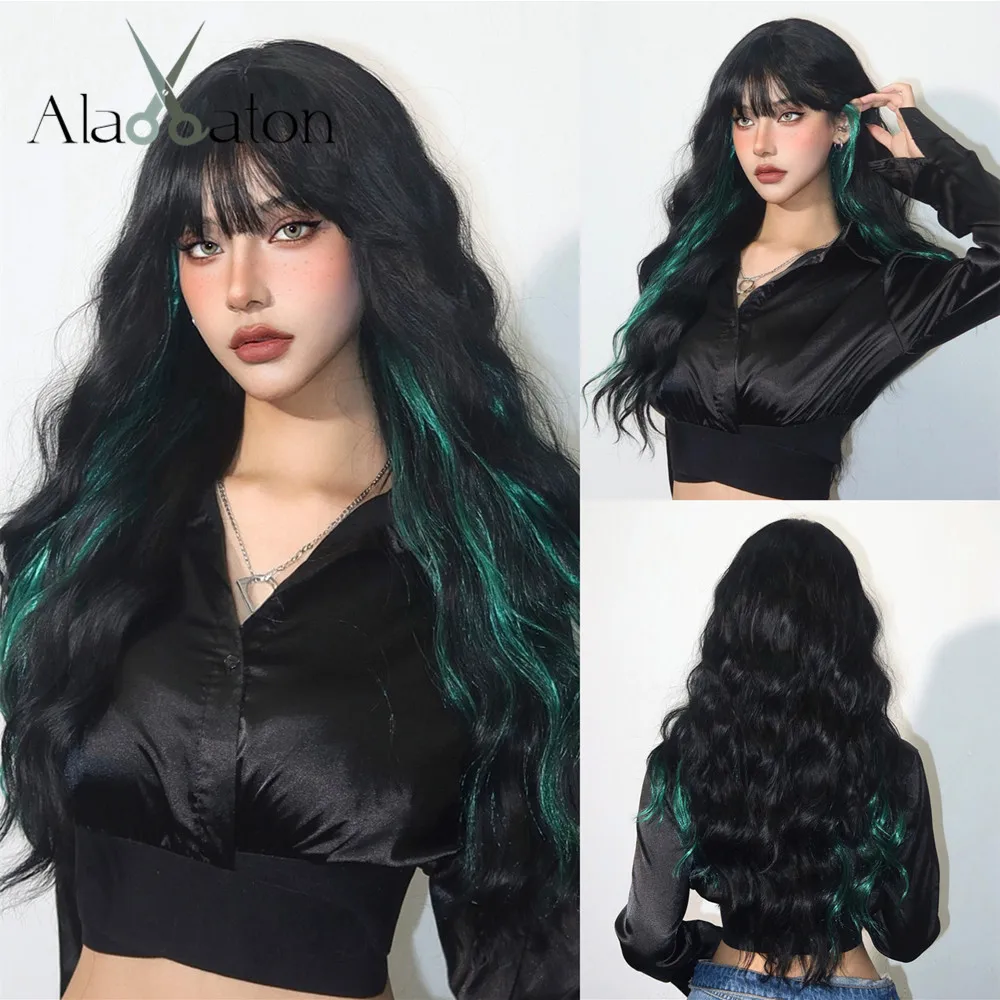 ALAN EATON Black Wigs with Green Highlight Long Wavy Wig with Bang Heat Resistant Synthetic Hair for Party Daily Use for Women