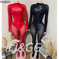 HLJ&GG Sexy Mesh See Through Bodycon Jumpsuits And Bodysuits Suits Women Long Sleeve Stretchy Playsuits Party Night Club Overall 2