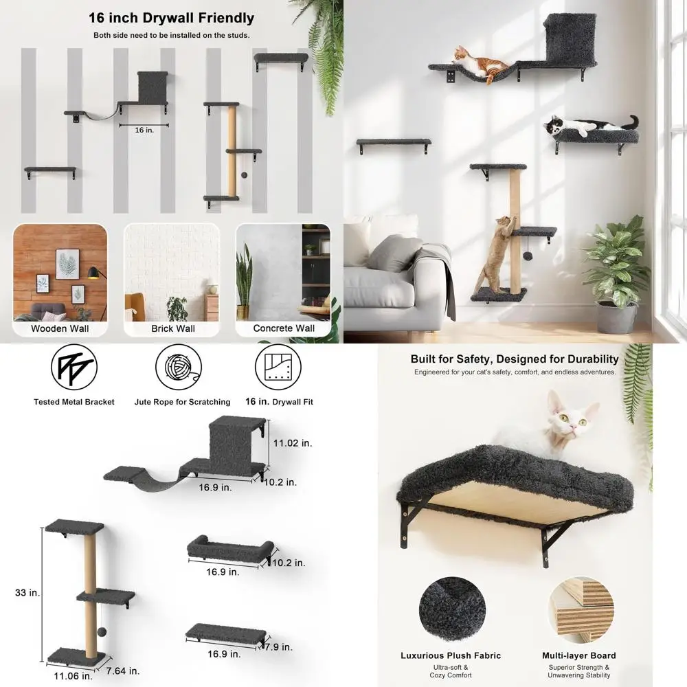 

Sturdy 4-in-1 Wooden Cat Wall Unit with Scratching Post, Safe for 16 Drywall - Gray