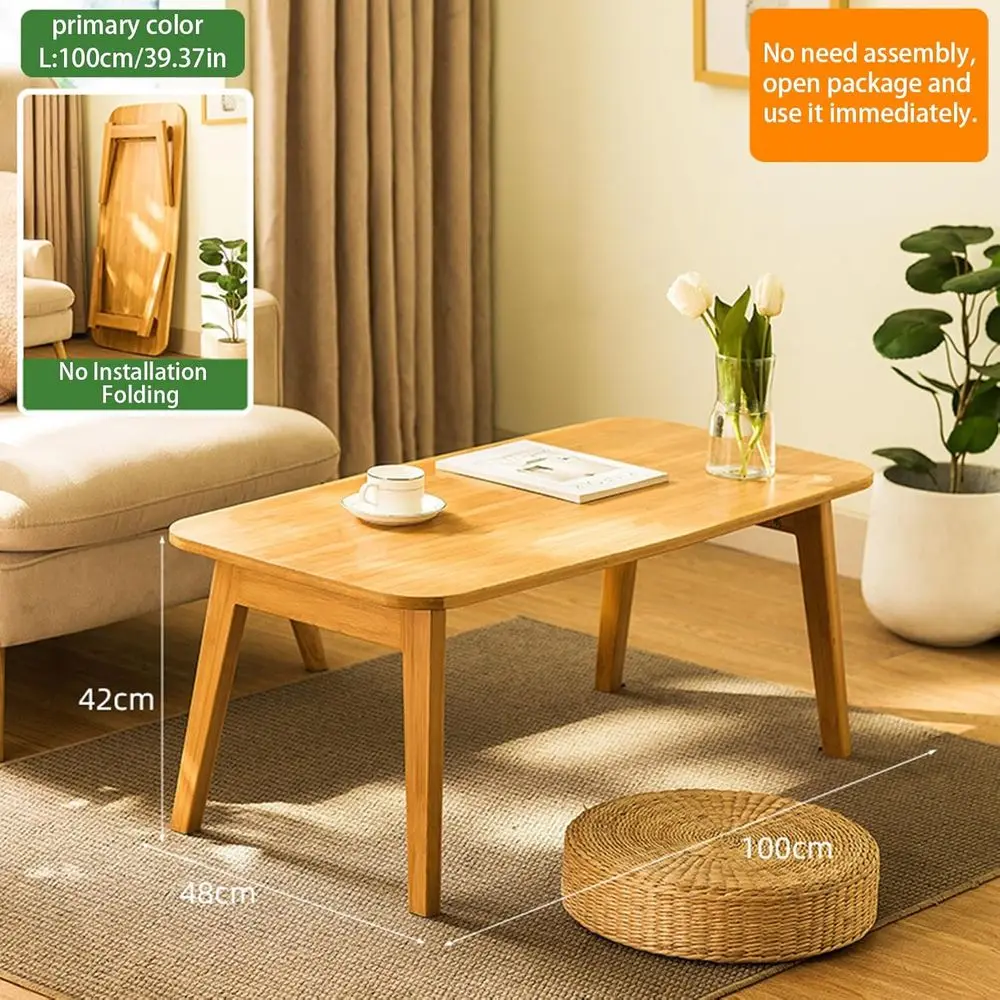 Mid-Century Foldable Coffee Table with Open Shelf, TV Stand, Living Room & RV Use, Natural 39.37IN