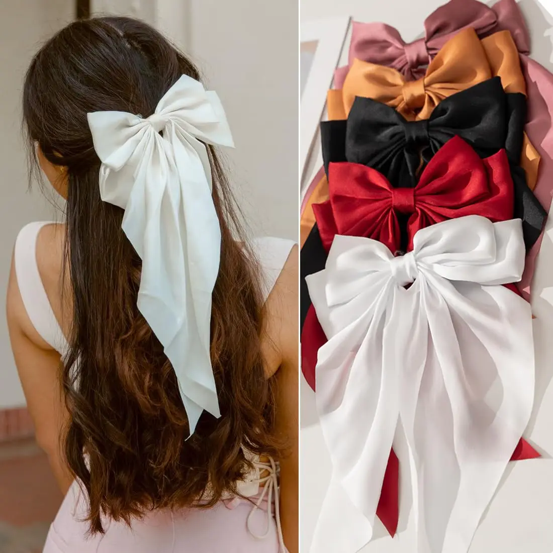 5PCS Ladies Satin Large White pink Red Blue Black Ribbon bow Oversized Long tail hair clip spring clip ponytail Hair accessorie