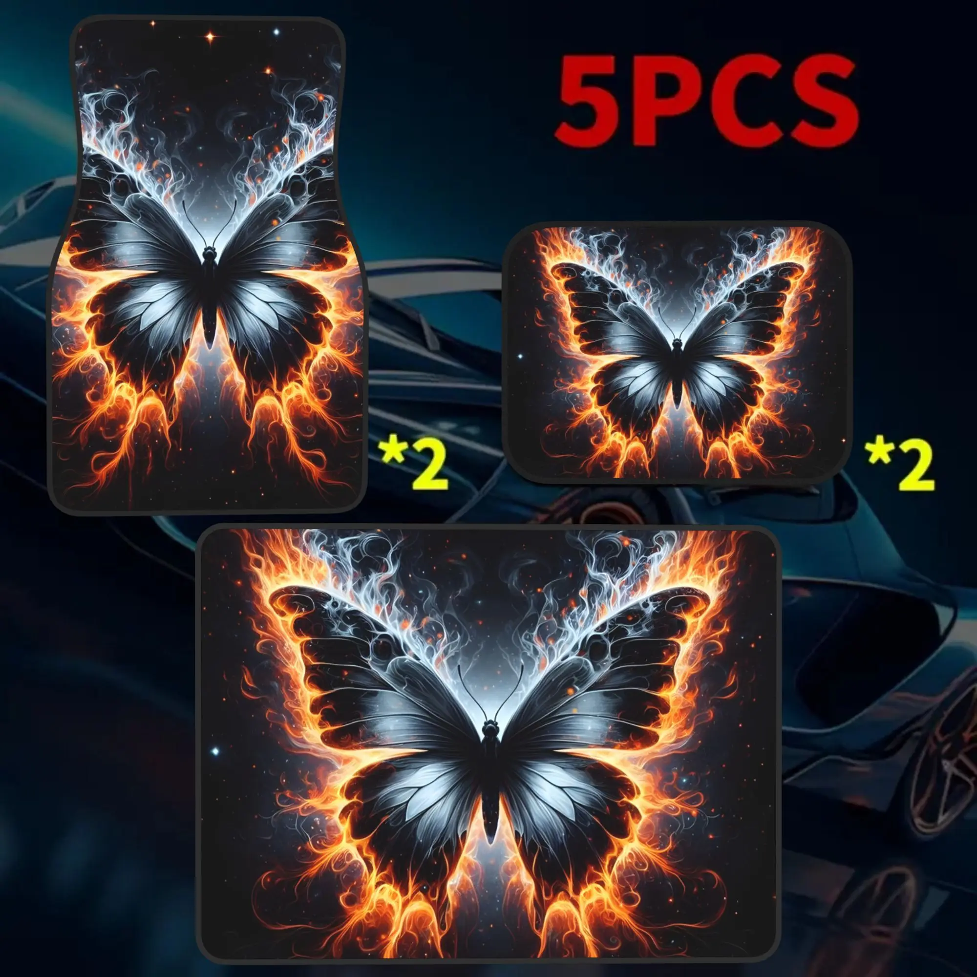 2D Plane 5pcs Phoenix Flame Butterfly Print Car Floor Mat | Trunk Liner -5pcs Set (including 4 Floor Mats And 1 Trunk Liner) Wit