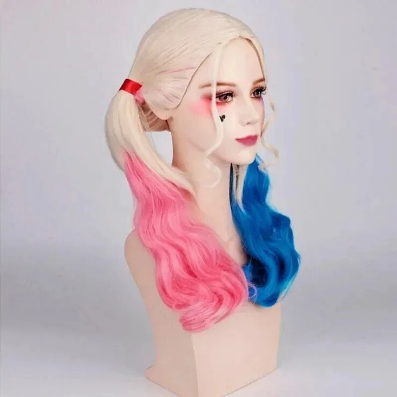 Cosplay Harley Quinn Double Ponytail Synthetic Long Curly Wig Cute Girl Heat Resistant Fiber Cosplay Clown Girl Wig Daily Party