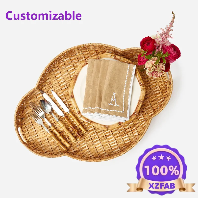 Factory Direct 2026 Nordic four-leaf clover rattan plate hand-woven kitchen dining room livingroom beverage rattan tray desktop