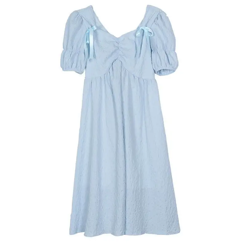 2025 New Summer Bubble Sleeve Princess Dress with Bareback Bow Strap Fairy Dress