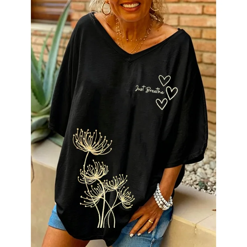 ilstile Women's Just Breathe Print T-Shirts Summer Holiday Short Sleeve Casual Loose T Shirt V Neck Long Tops Black White NEW