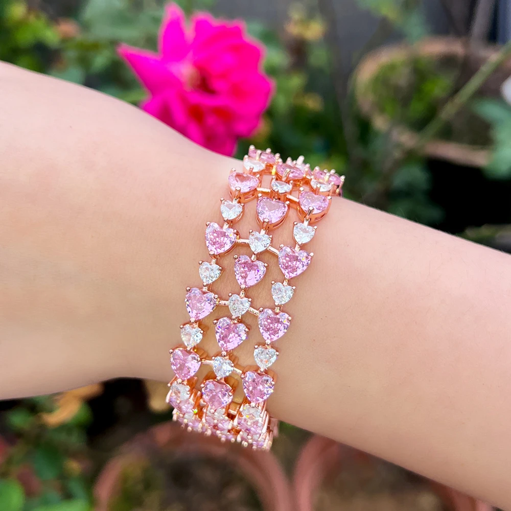 BeaQueen Pretty Rose Gold Plated Bracelet for Girls Cute Pink Heart Cubic Zirconia Women Bridal Wedding Dress Party Jewelry B260