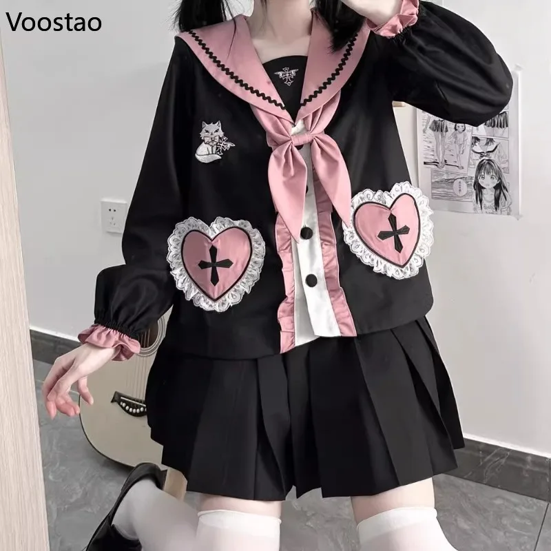 Japanese Preppy Style School JK Uniform Sets Women Gothic Bow Cartoon Embroidery Tops Mini Pleated Skirt Suit Y2k Lolita Outfits