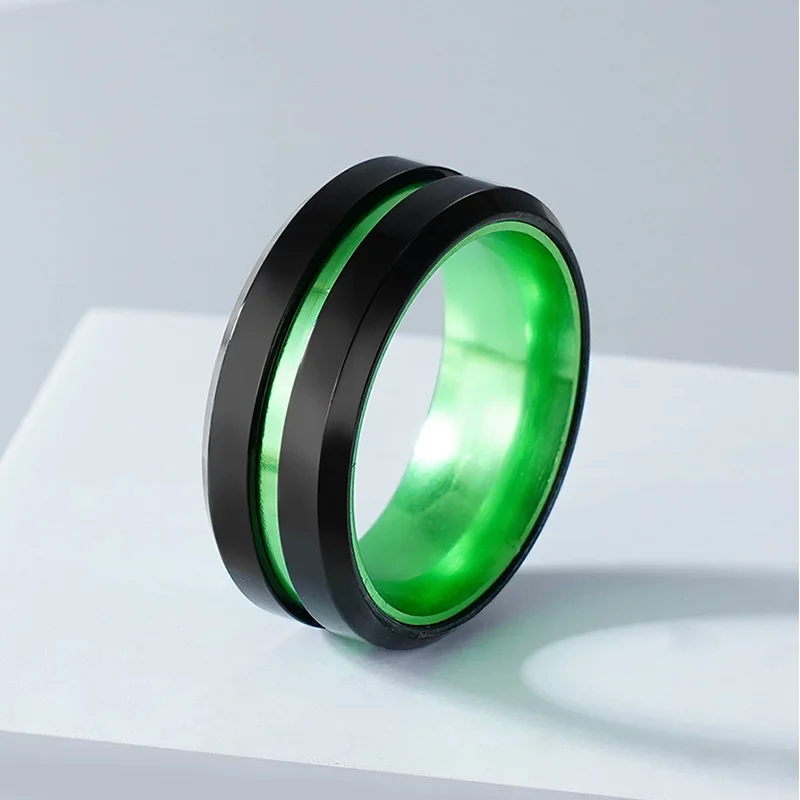 الحد الأدنى الرجال الأسود التنغستن خواتم الزفاف الفرقة الأخضر الأخدود مشطوف حافة خاتم الخطوبة صديقها هدايا عيد الحب مجوهرات #1