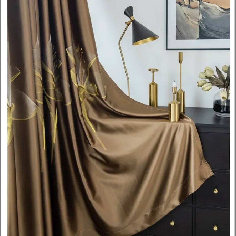 French elegant lily embroidery curtains, classic earth color curtains for living rooms, bedroom soft curtains, sheer curtains