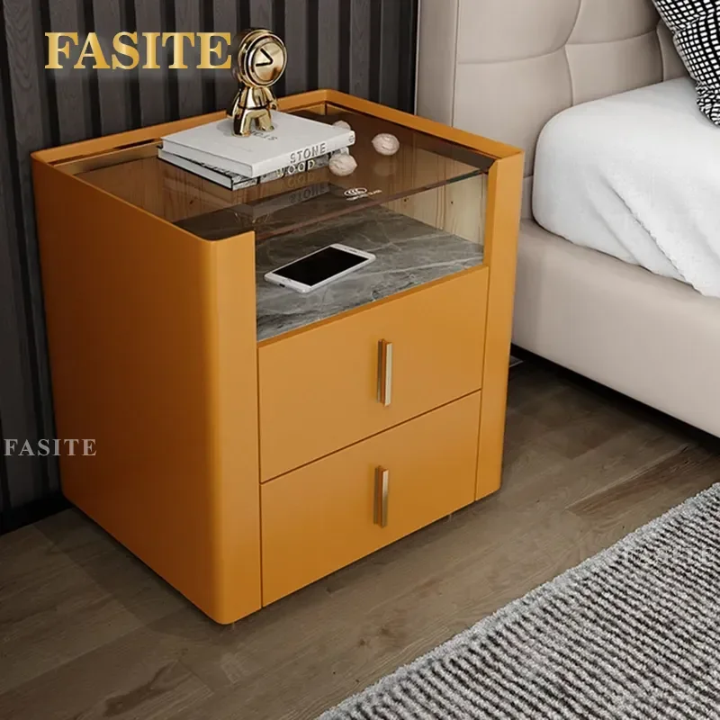 For Bedroom Light Luxury Bedside Table Solid Wood Nordic Glass Rock Slab Double Countertop Fashion Edge Storage Cabinet