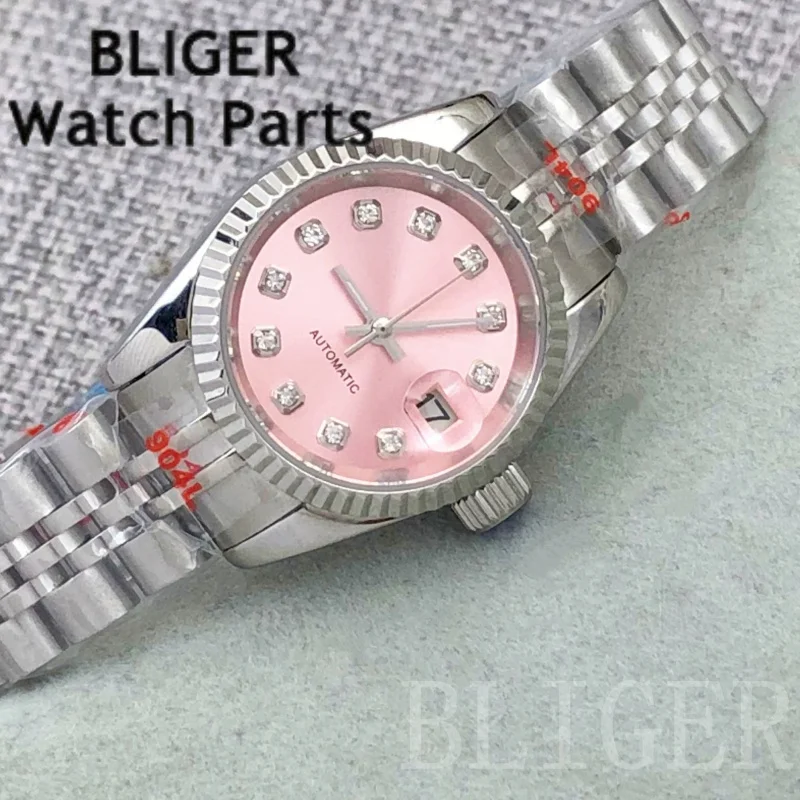 BLIGER 25.5mm NH05 Mechanical Watch For Women Pink Dial Diamond Index Sapphire Glass Steel Strap Lady's 100M Diving Wristwatch