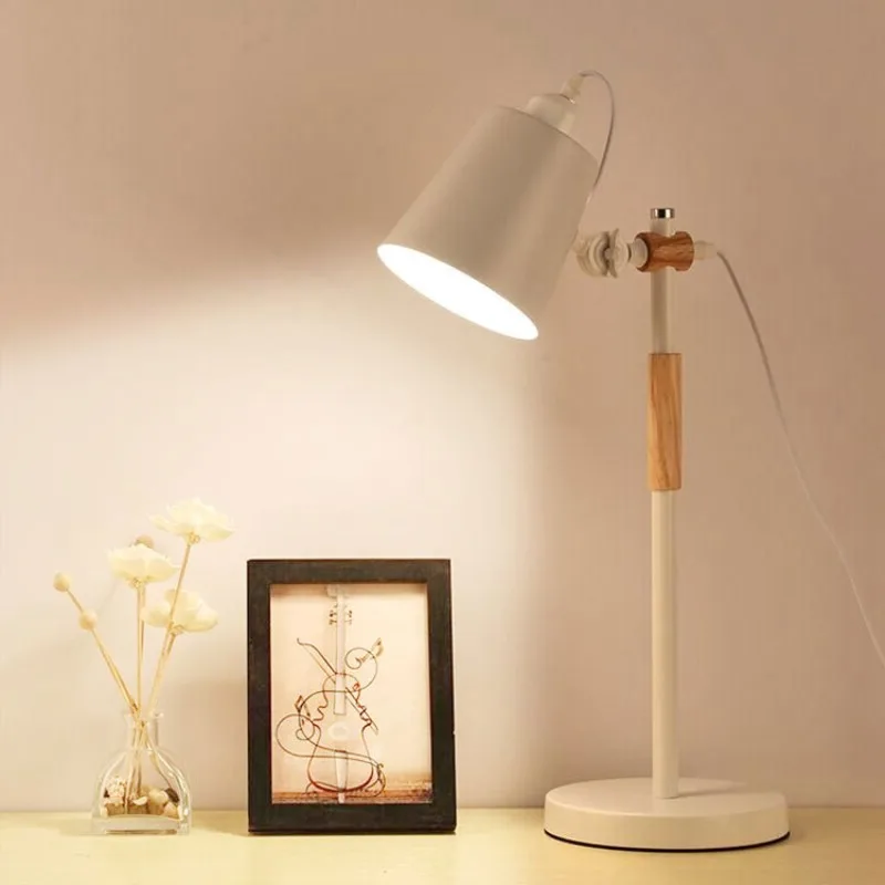 Nordic Minimalist Desk Lamp White Metal Wood Adjustable Head LED Lights Bedroom Study Office Bedside Hotel Minimalist Home Decor