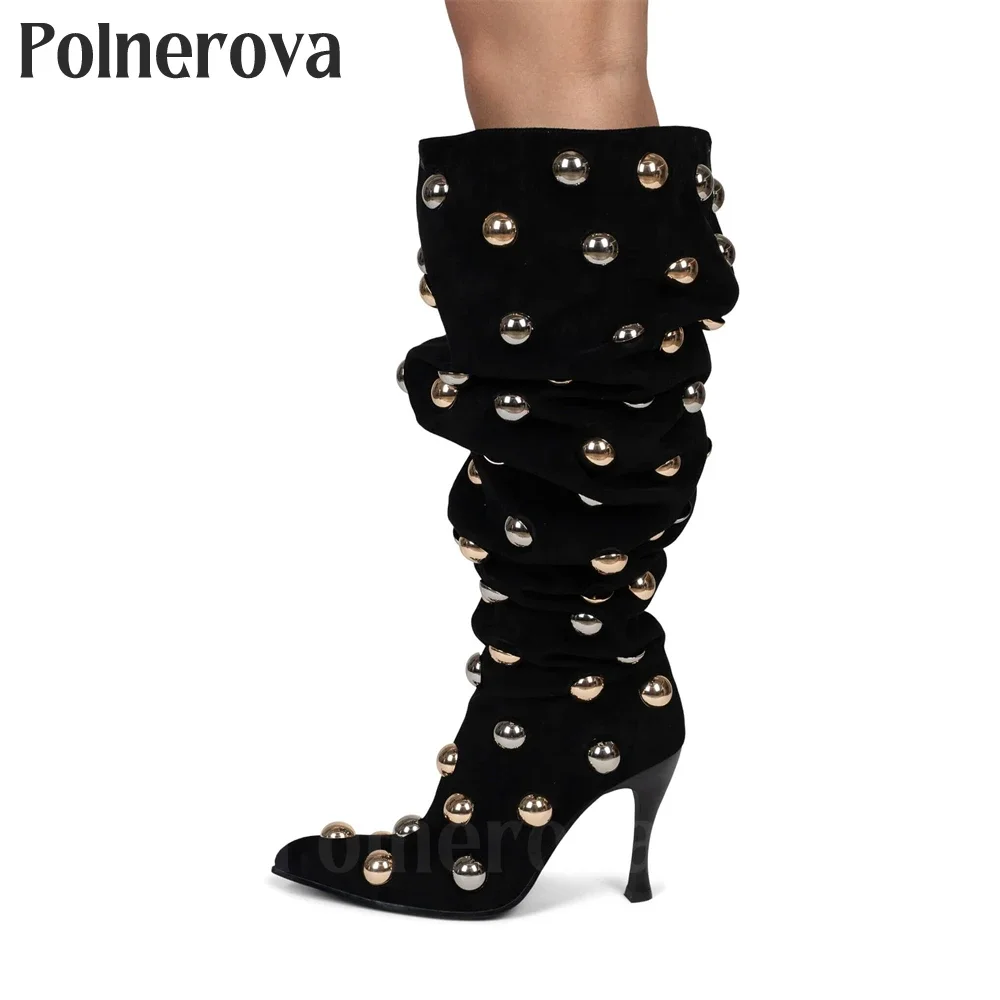 Metallic Gold Beaded Pleated Boots Sexy Pointed Toe Stiletto Boots Designer Style Handmade Boots for Women Black Leather Suede