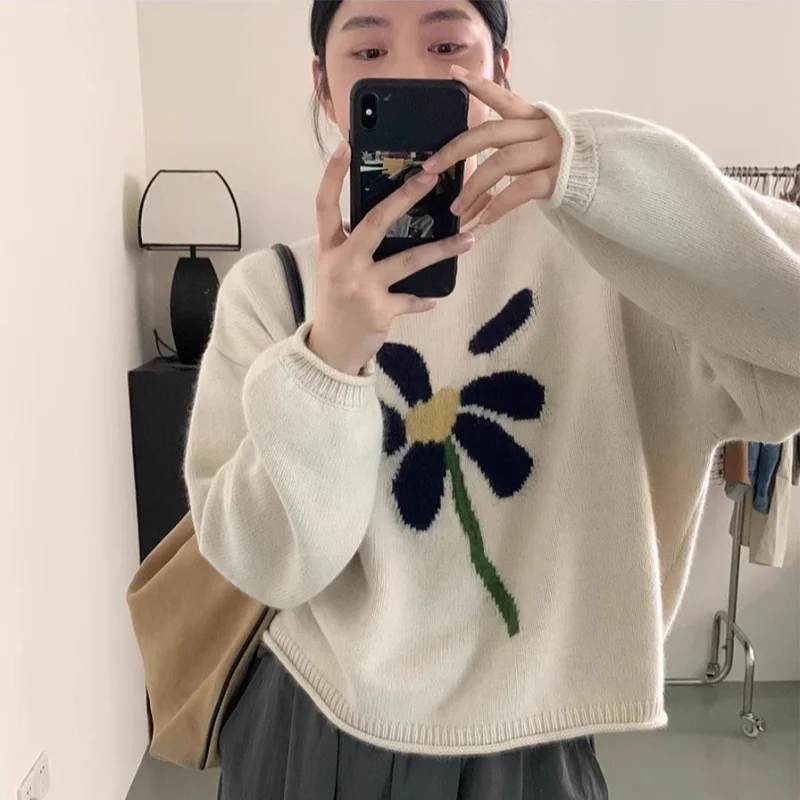 100% Australian wool pullover sweater women's long sleeved sweater new knitted versatile simple women's O-neck wool sweater M-XL