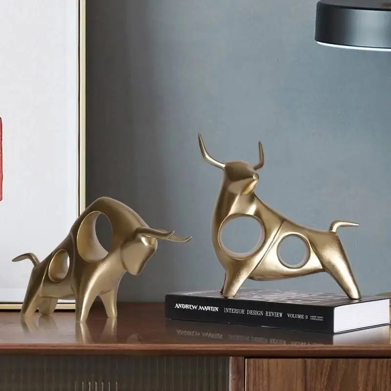 Abstract Bull Statue Modern Geometric Resin Bull Sculpture, Hollow Out Design Bull Ornament for Home Office Decor
