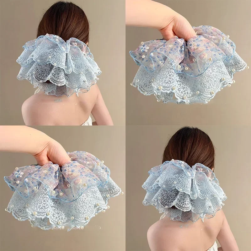 

Высококачественная летняя атмосфера, пряжа Eugen, кружевная цветочная повязка для волос с толстой кишкой, женская резинка на спине, хвост, голова, цветок