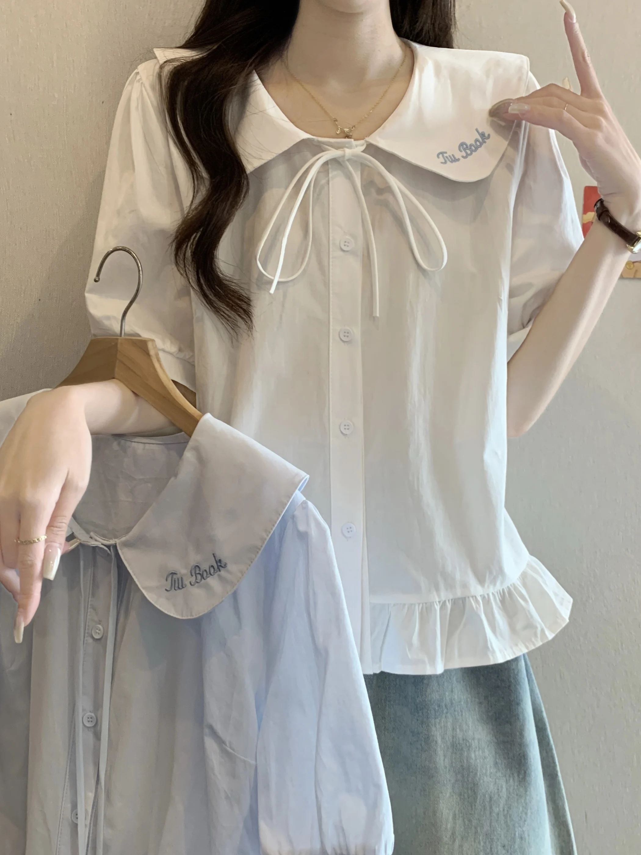 

White Embroidered Casual Shirt Women's Padded MM Meat Conceal Thin Fashion Doll Collar Large Size Leisure Stitching Top